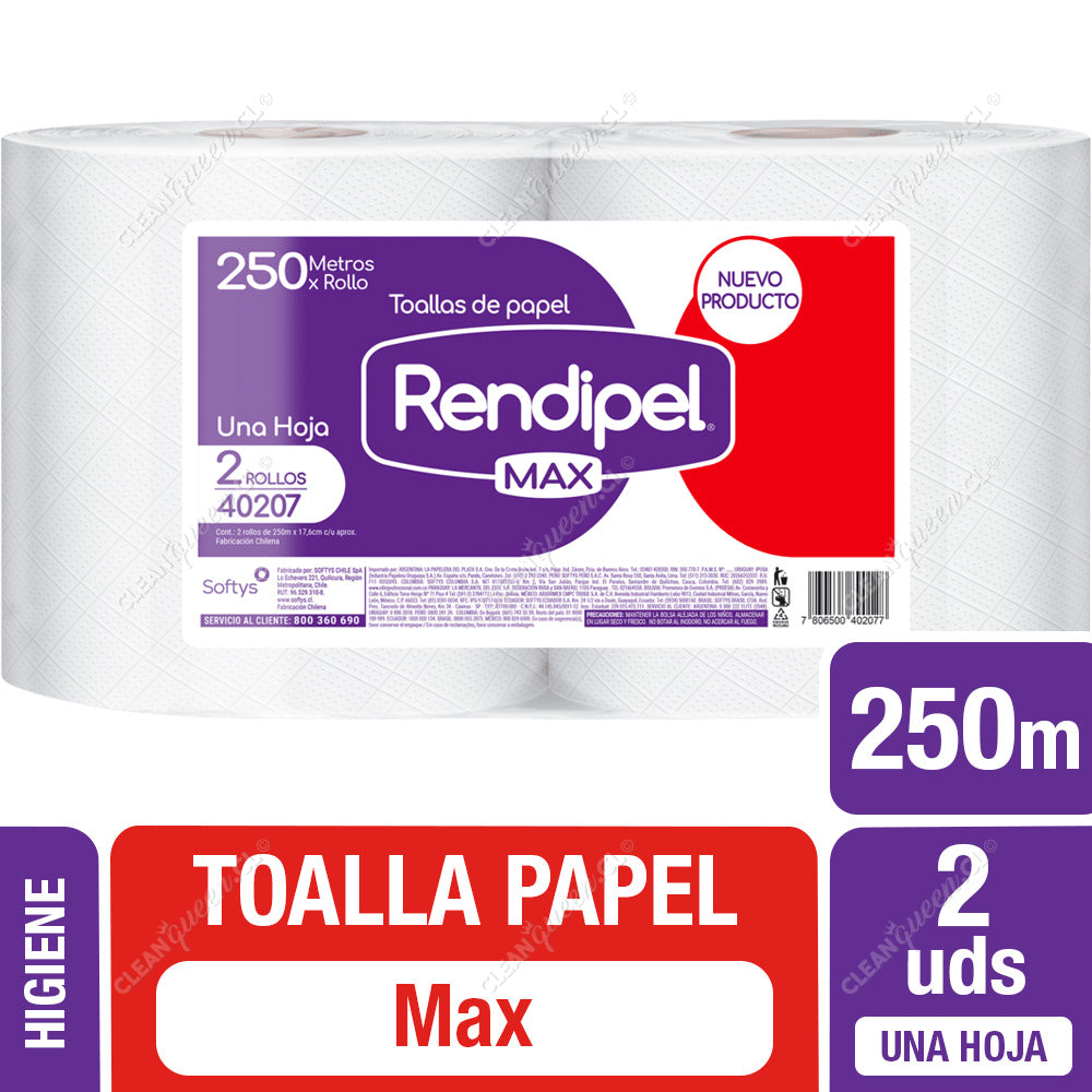 Toalla de Papel Rendipel Max Una Hoja 250 mts c/u 2 Unid