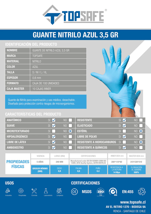 Guante de Nitrilo 3,5 gr Topsafe Azul (100u)  Talla L