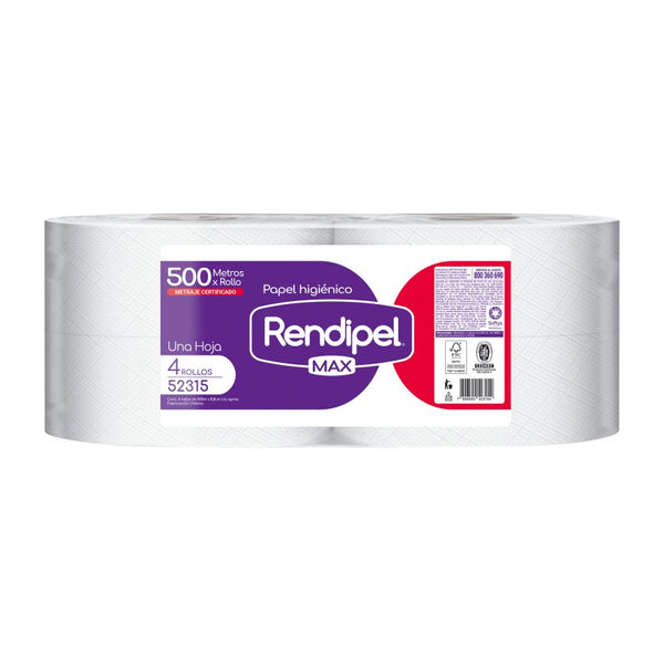Papel Higiénico Rendipel Max Hoja Simple 4 Rollos 500 M