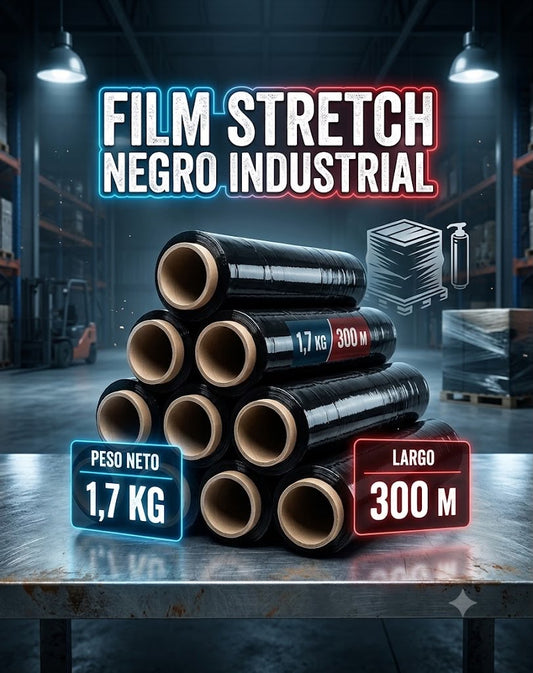 Film Stretch Negro 1,7 Kg 300 Metros pack 8 rollos
