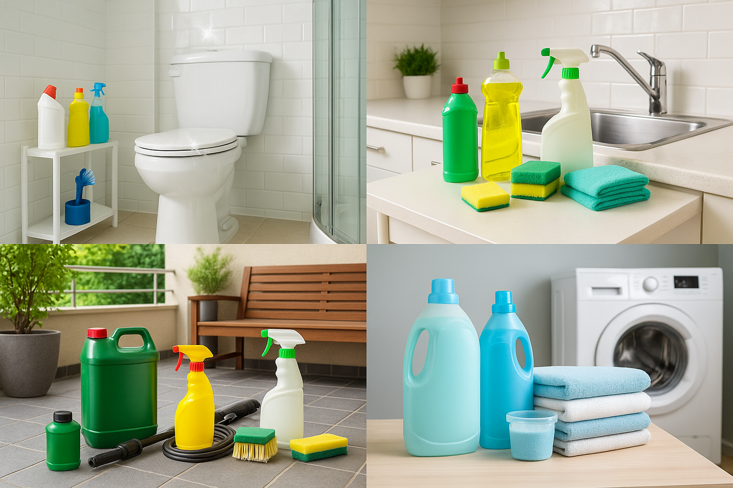 Diseña un mosaico con espacios de una casa limpia y que se vean los insumos de limpieza y productos, incluye baño, cocina, terraza y logia con ropa lavada y doblada 